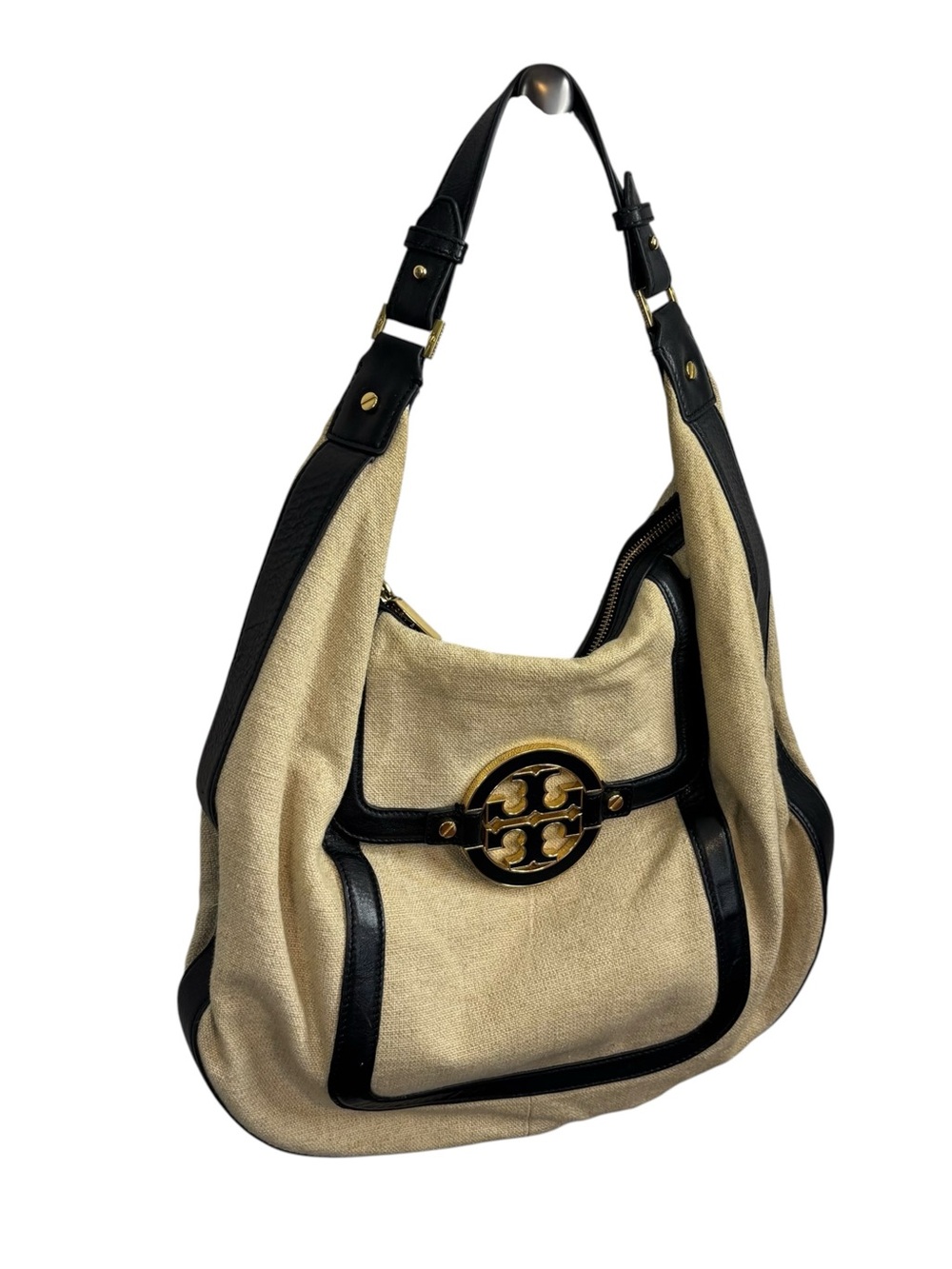 Tory Burch neutral canvas shoulder bag black leather trim gold-tone logo